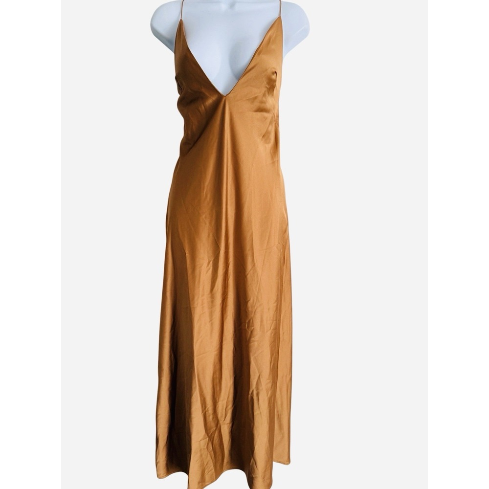 NWT Zara Satin Slip Maxi Dress M Bronze Copper Cami Deep V Back Hidden Zipper - Picture 2 of 9